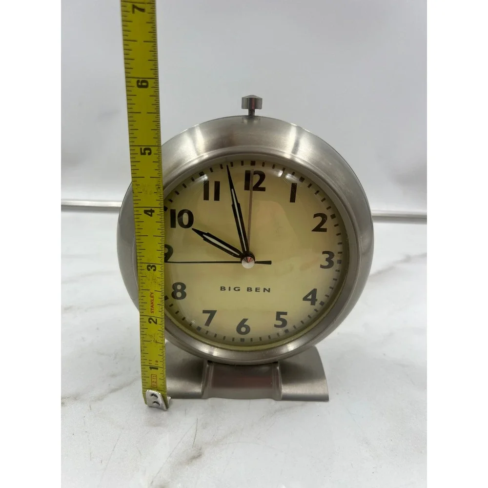 Big Ben Alarm Clock Brushed Silver Metal Round Battery Operated Cream Dial
